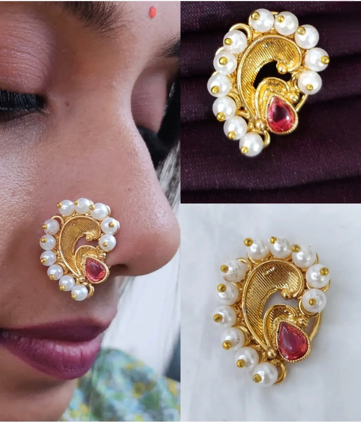 A collage showing a gold crescent-shaped nose ornament with white faux pearls and a red teardrop stone, worn on a woman's nose in one panel, and shown in two close-up product views in the top-right and bottom-right panels against dark and light backgrounds.