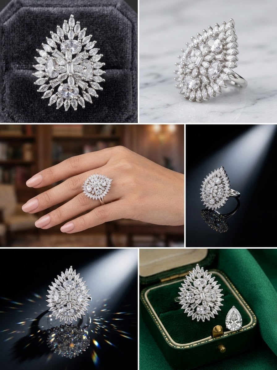 A collage showing a large floral cluster ring in multiple views: on a velvet jewellery box, on a marble surface, worn on a hand, and close-up on a dark reflective surface. The ring has a silver-toned setting with clear stones.