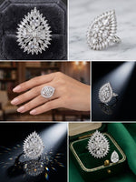 A collage showing a large floral cluster ring in multiple views: on a velvet jewellery box, on a marble surface, worn on a hand, and close-up on a dark reflective surface. The ring has a silver-toned setting with clear stones.