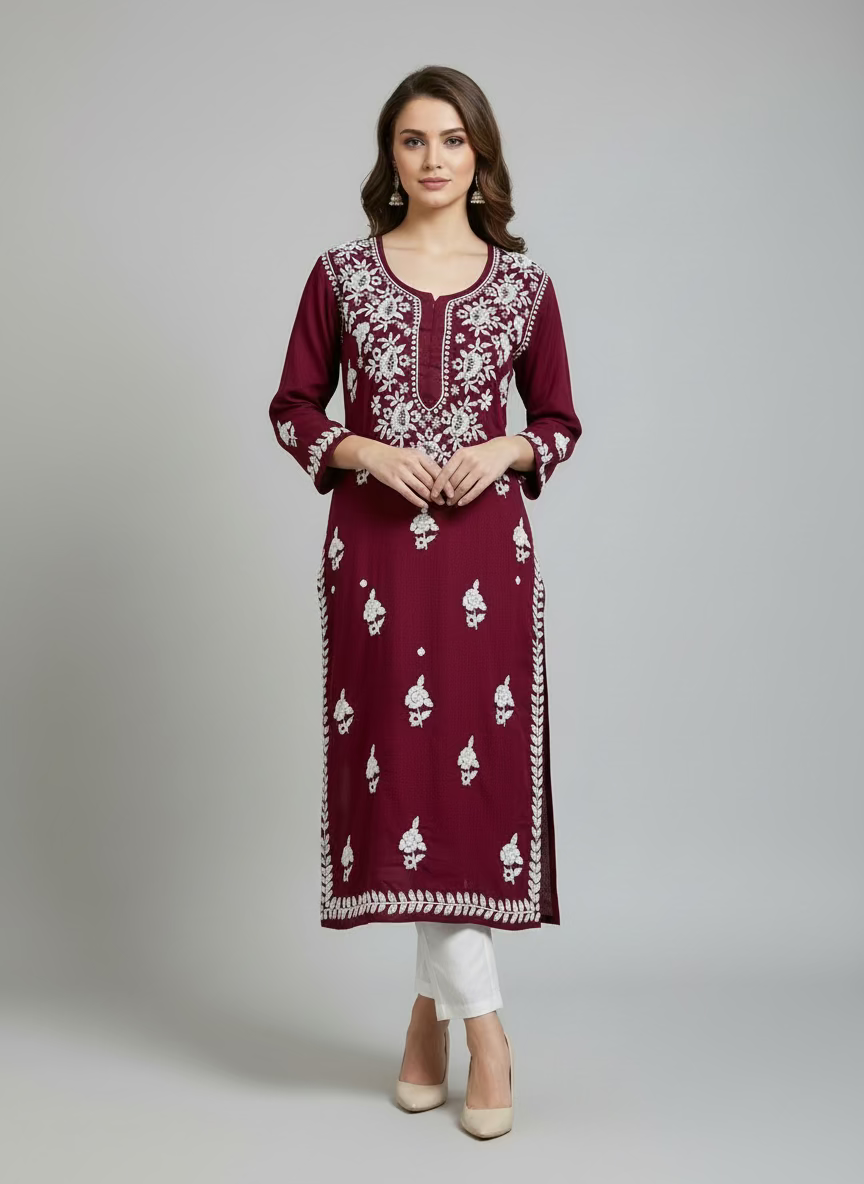 A fully embroidered maroon colour modal fabric kurti with floral Ghass Patti hand embroidery and a full border on display.