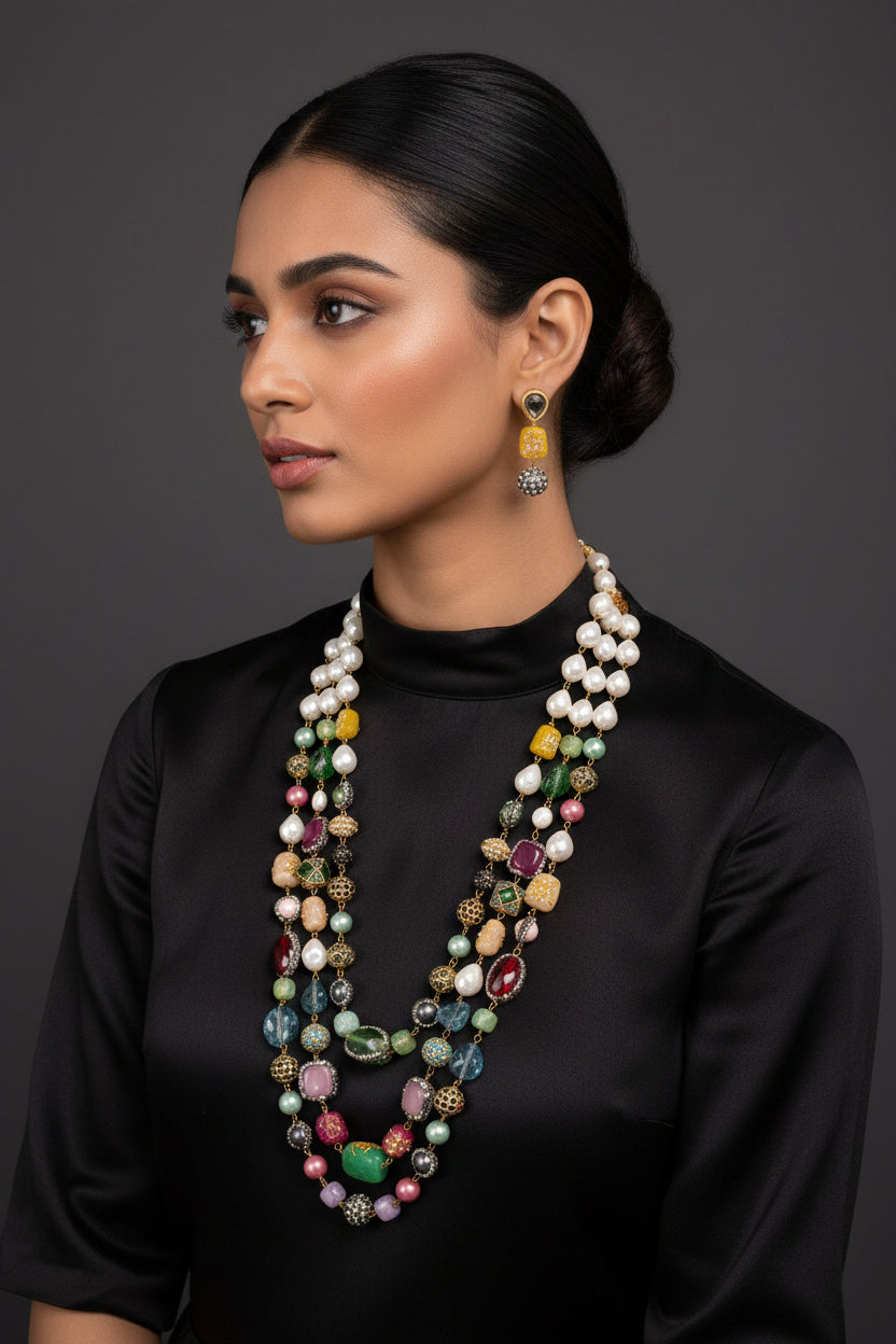 A gold-plated Kundan-studded and pearl-beaded handcrafted jewellery set, consisting of a necklace and earrings, displayed against a black background.