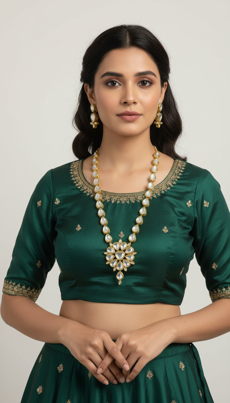 A gold-toned Kundan mala necklace with polki kundan embellishments and matching earrings by famaza couture 