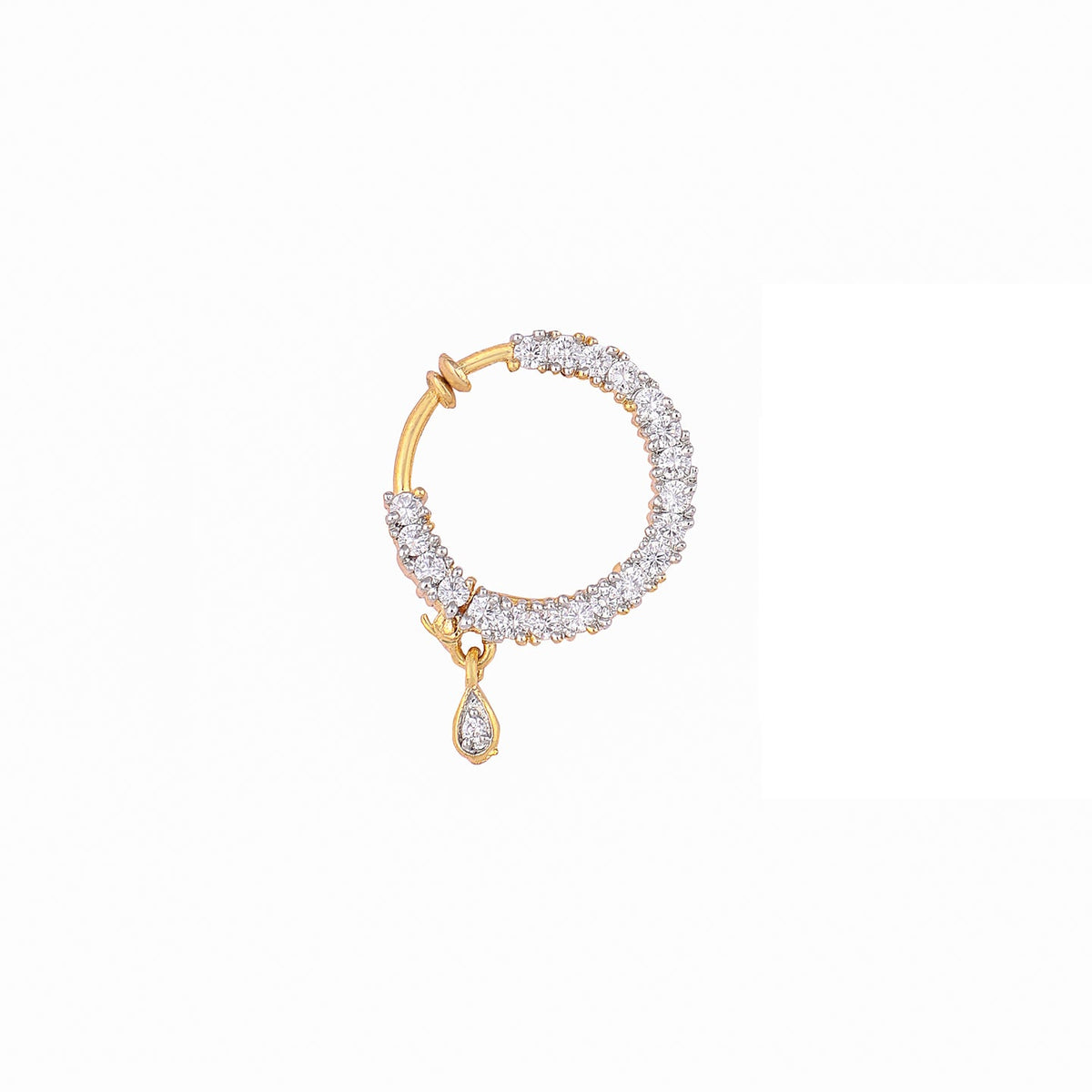 A gold hoop earring embellished with clear pavé stones and featuring a dangling teardrop-shaped clear stone, shown on a plain white background.