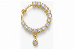 A gold huggie hoop clip on nose ring adorned with round-cut clear stones and featuring a dangling teardrop-shaped clear stone, shown on a plain white background.