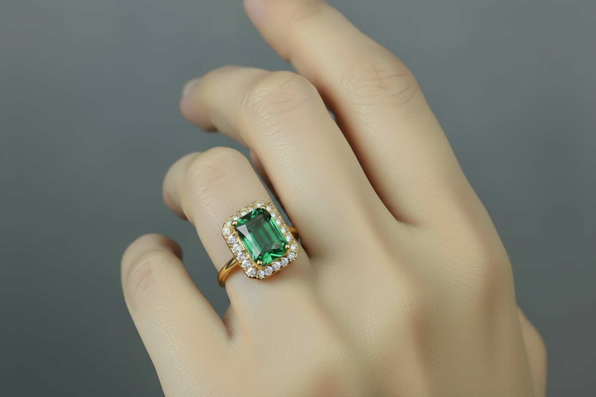 A gold plated ring featuring a large emerald-cut green gemstone surrounded by a halo of small clear stones, worn on a hand against a neutral grey background.