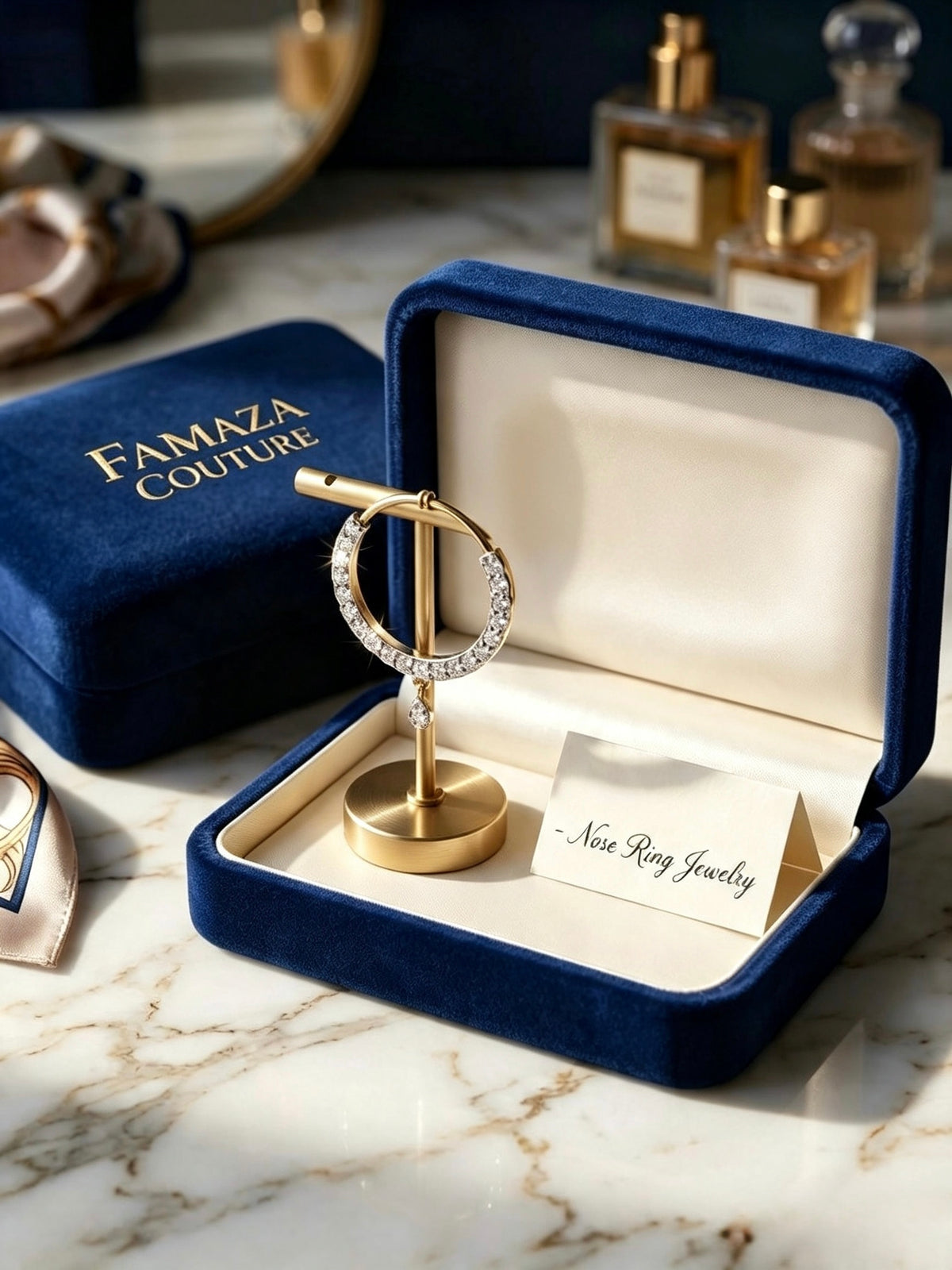 A gold ring stand holding a ring with clear stones, displayed inside an open navy blue jewelry box with a cream interior. A branded navy blue box labeled FAMAZA COUTURE sits beside it on a marble surface, with perfume bottles blurred in the background.