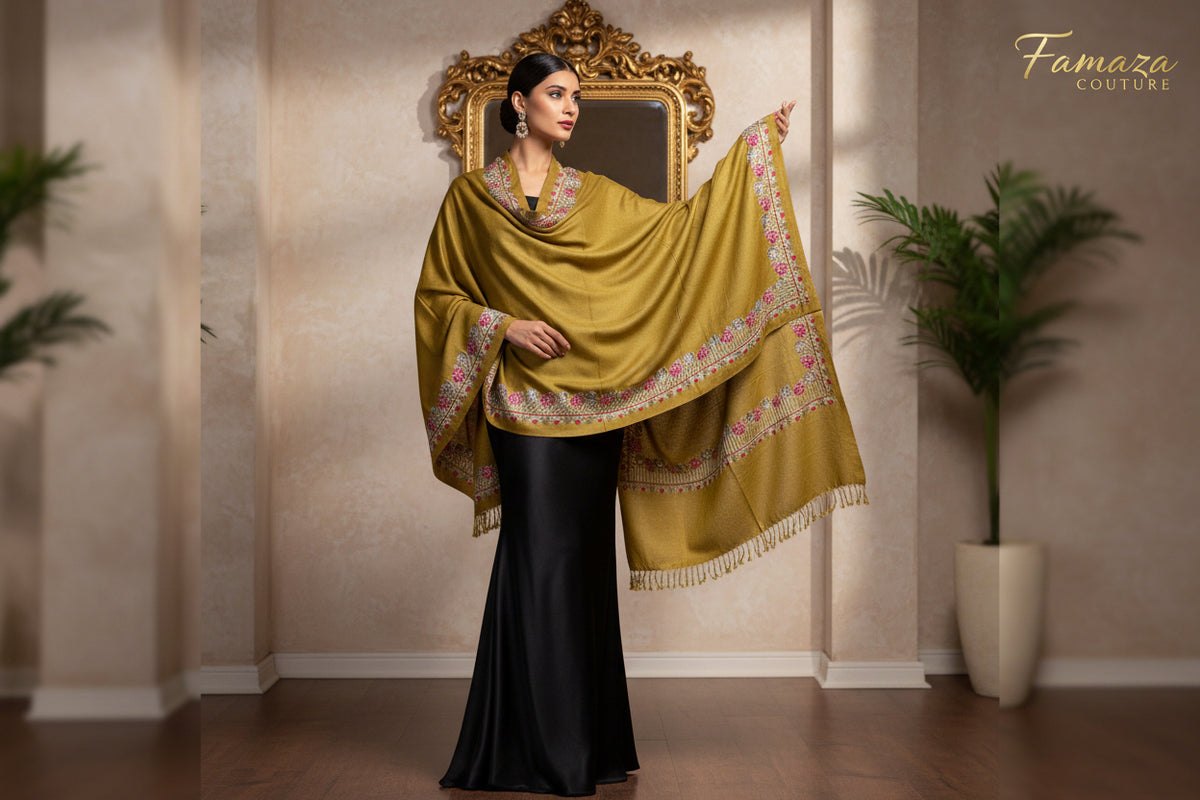A golden pashmina scarf with rose embroidery and tassels on the ends, displayed on a wall.