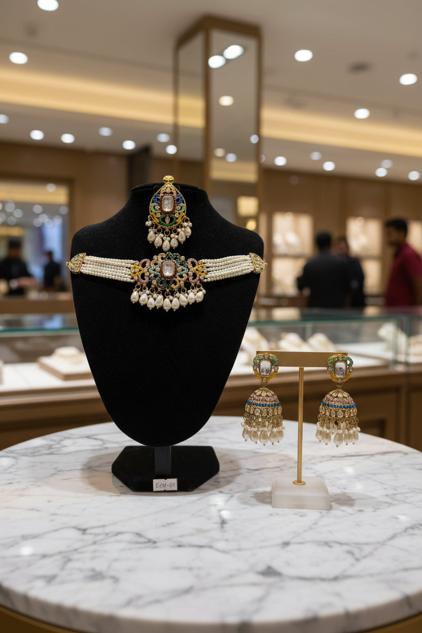 A handcrafted brass choker set displayed on a jewelry stand against a neutral background. The shot clearly shows the arrangement of multi-color sugar stones, white Kundan stones, and the pearl fringe at the base of the necklace and earrings.