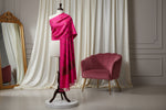 A hot pink Kashmiri pashmina woollen scarf with embroidered floral patterns and tassels, primarily in pink and gold colours.
