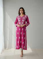 A hot pink colour 46 inches long modal fabric Chikankari kurti with white Ghass Patti embroidery 