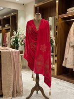 A hot pink colourvelvet stole with golden stones work all over the stole.