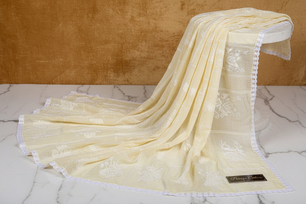 A lemon yellow colour handcrafted Kota Doriya Chikankari duppata with white thread Hand-embroidered duppata by Famaza Couture. 