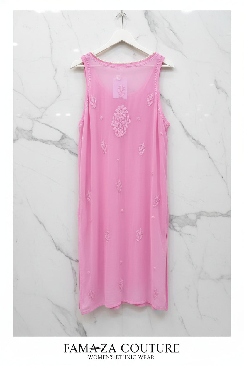 A light pink sleeveless sheer mesh viscose kurtirear view is displayed for Famaza Couture website purpose. 
