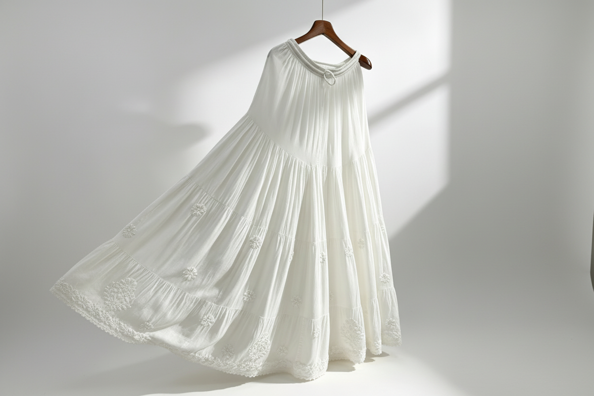 A long white tiered maxi dress with embroidered floral details, hanging on a wooden hanger against a white wall with soft shadows.