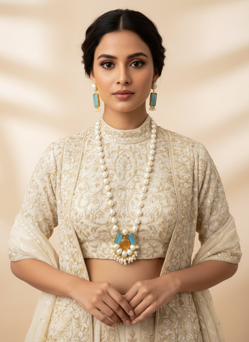 A luxury Bollywood style Mala Set featuring white beads, pearls, and blue stone inclusions, displayed on a mannequin bust. Party wear set. 