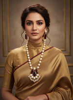 A luxury Bollywood style Mala Set featuring white beads, pearls, and maroon stones inclusions, displayed on a mannequin bust. Party wear mala set.