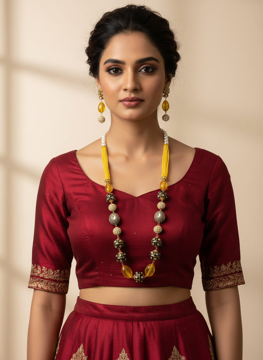 A luxury Tanjore Art Meenakari beaded Mala Set, featuring a regal bridal necklace and matching earrings with yellow and gold details. Paty wear set. 