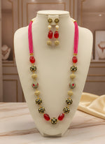 A luxury Tanjore Art Meenakari hot pink beaded Mala Set, featuring a regal bridal necklace and matching earrings with red and gold details. Paty wear set. Party wear set. 