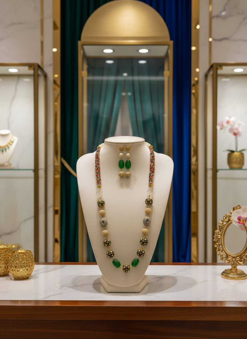 A luxury Tanjore Art Meenakari multi-coloured beaded Mala Set, featuring a regal bridal necklace and matching earrings with green and gold details. 