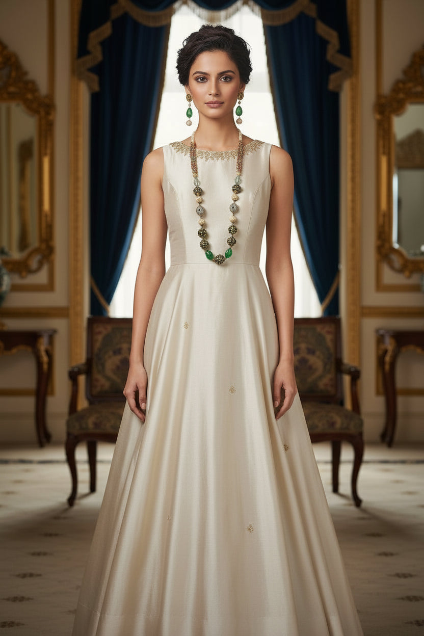 A luxury Tanjore Art Meenakari multi-coloured beaded Mala Set, featuring a regal bridal necklace and matching earrings with green and gold details. Party wear set. 