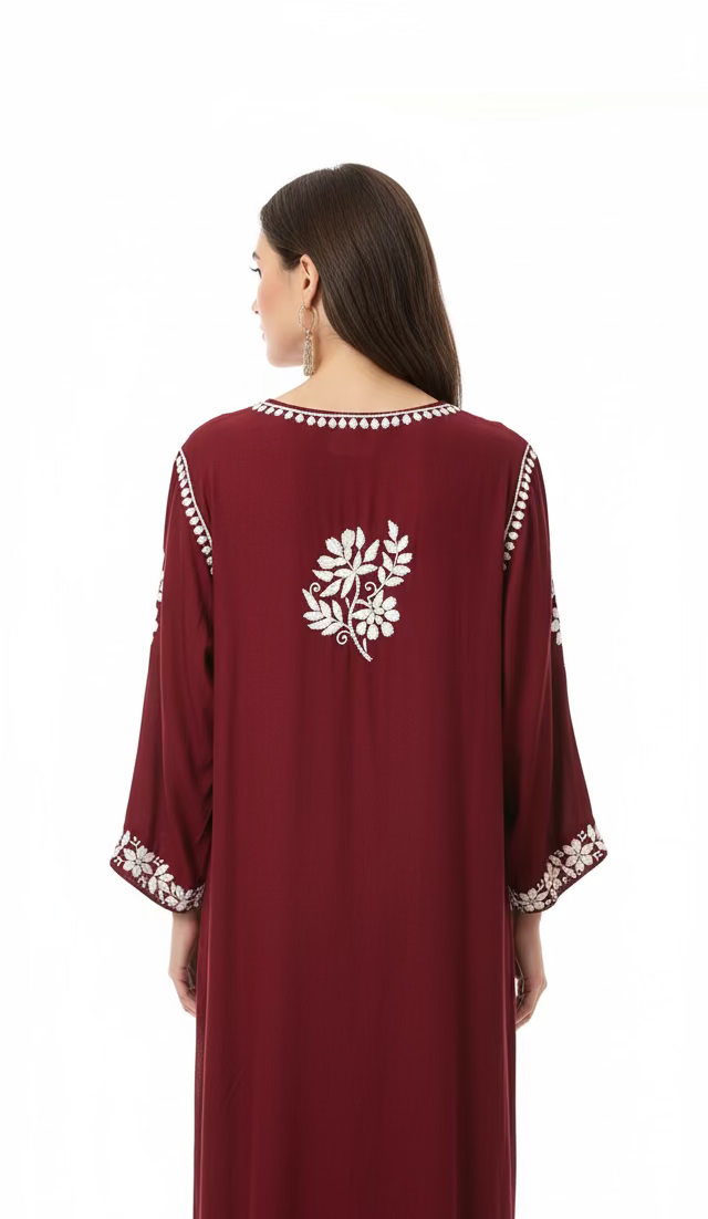 A marron colour long modal fabric kurti rear view and showing it's rear side design.