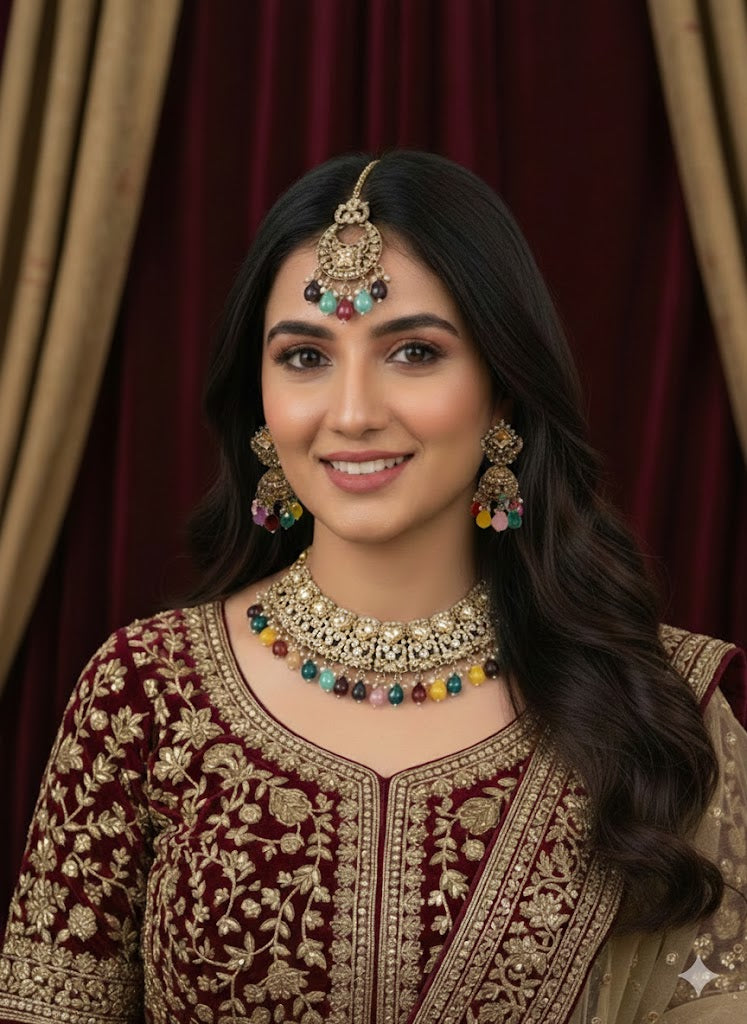 A model in a maroon embroidered velvet outfit wearing a luxury kundan jewelry set with vibrant, multi-colored gemstone drops against a dark velvet backdrop.