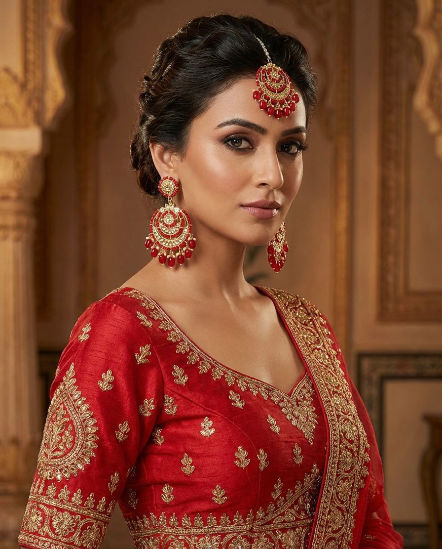 A model wearing large rose gold plated earrings with kundan stonework and vibrant red bead droplets.