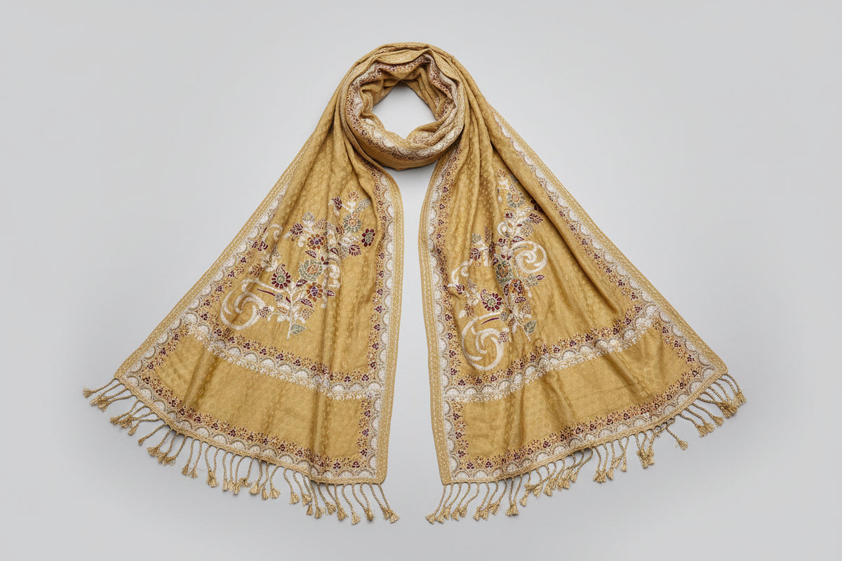 A mustard Kashmiri Aari embroidered marina scarf with tassels hanging at the ends, displayed on a wooden hanger with greenery in the background.