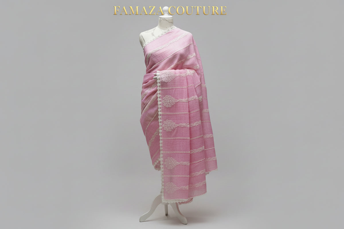 A onion pink colour handcrafted Kota Doriya Chikankari Hand-embroidered duppata with white thread hand embroidery Duppata by Famaza Couture. 