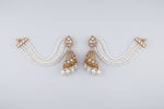 A pair of a woman wearing a white beaded earring with rose gold accents jhumkey.