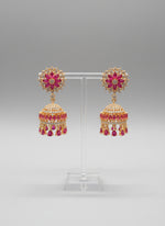 Gold-finish mini jhumka earrings with American diamonds – handcrafted statement jewellery.