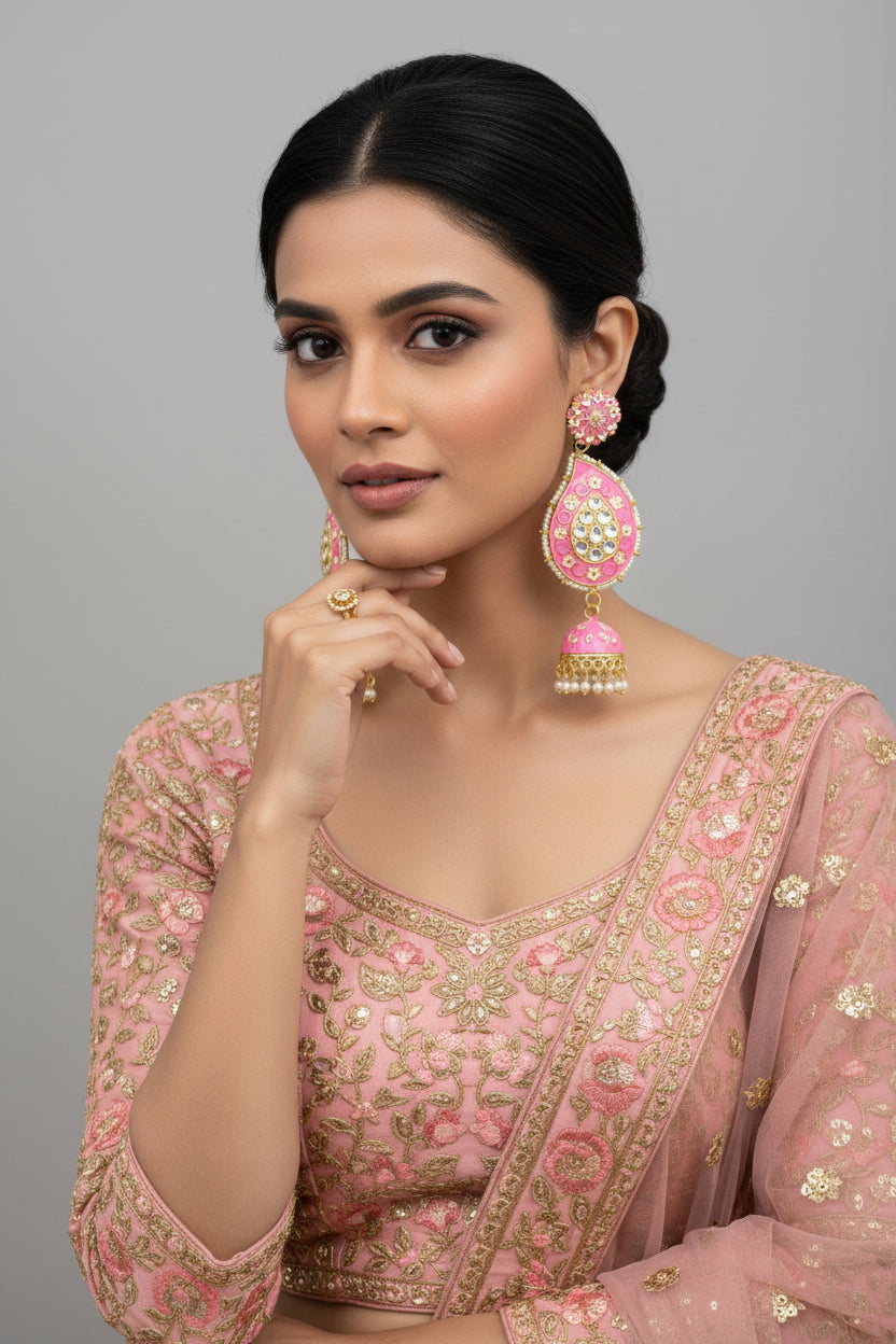 A pair of gold-plated pink Meenakari long Jhumka earrings with pink enamel paint and nano pearl drops, displayed on a stand.