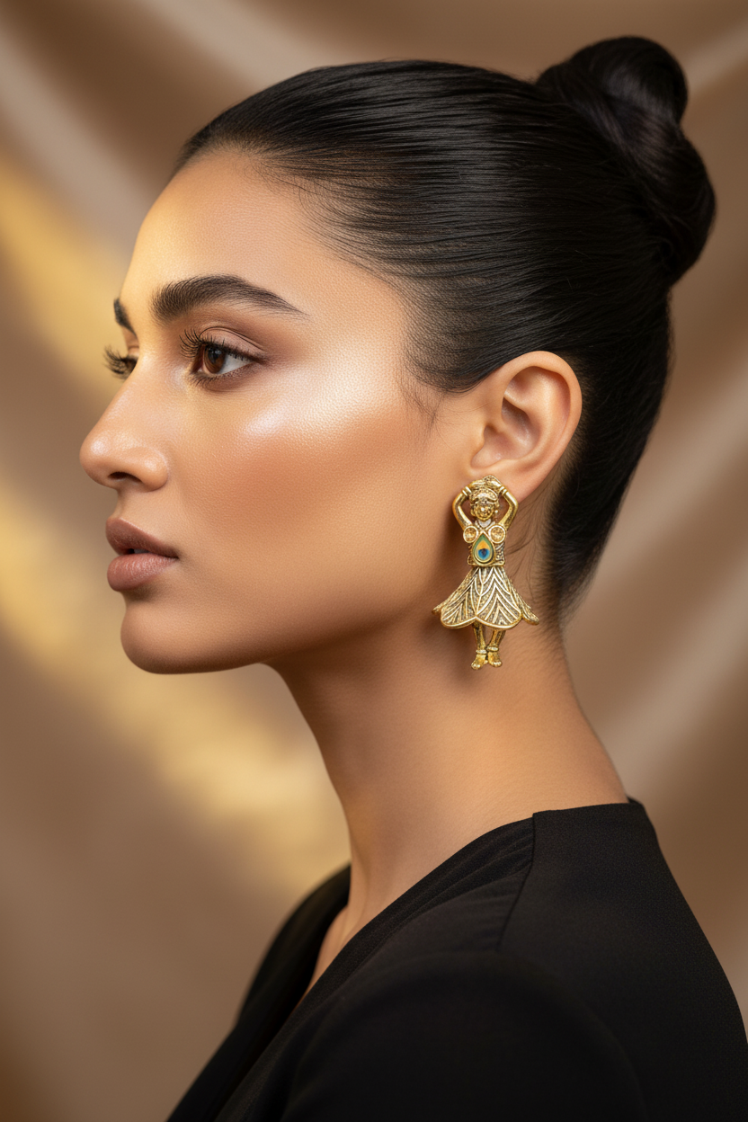 A woman in profile wearing a gold-toned dholak (drum) earring with green and blue stone accents, set against a warm, softly lit brown background.