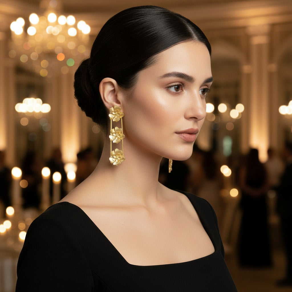 A pair of golden 3 flowers in down line detailed party wear earrings. 