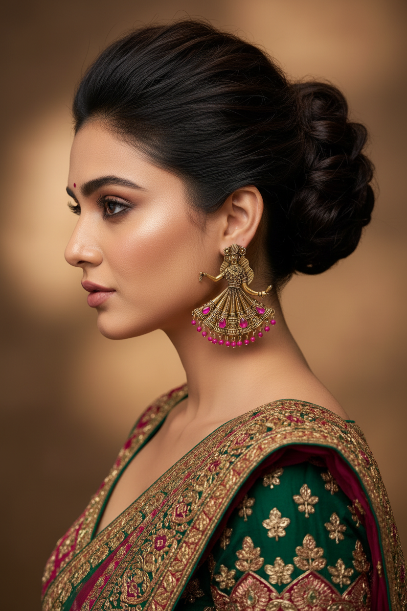 A woman in profile wearing an ornate gold jhumka earring with pink bead fringe, paired with a green and gold embroidered traditional garment against a warm brown background.