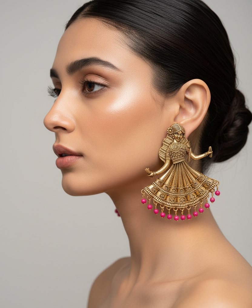 A close-up side profile of a woman with dark hair in a bun, wearing a large ornate gold-toned traditional jhumka earring with dangling pink beads, against a plain light gray background.