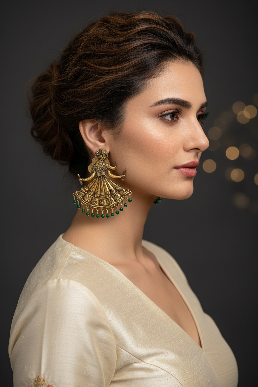 A woman in profile wearing a large ornate gold jhumka earring with dangling green stone accents, photographed against a dark gray background with soft bokeh lights.
