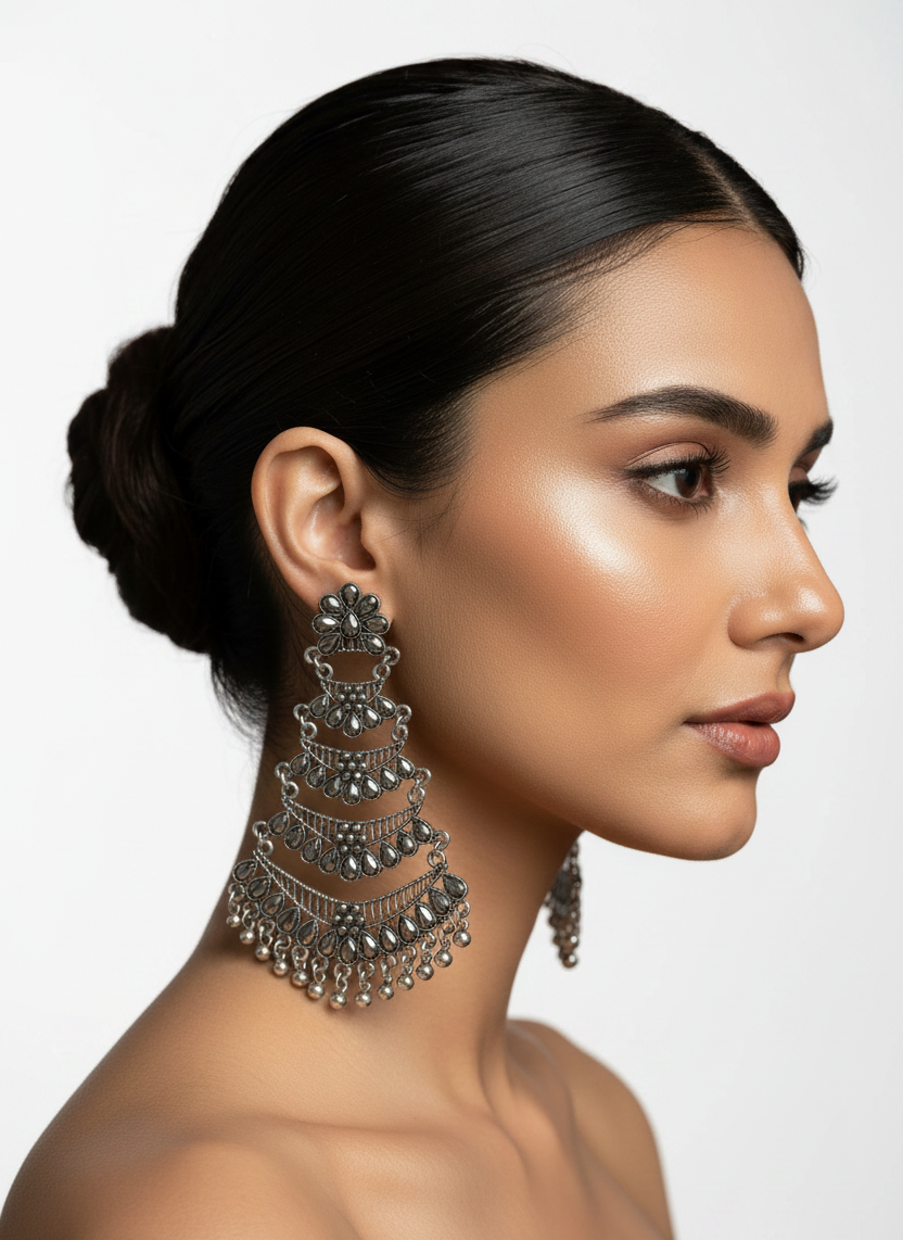 A woman in profile wearing a large, ornate silver-toned tiered chandelier earring against a draped dark red fabric background.