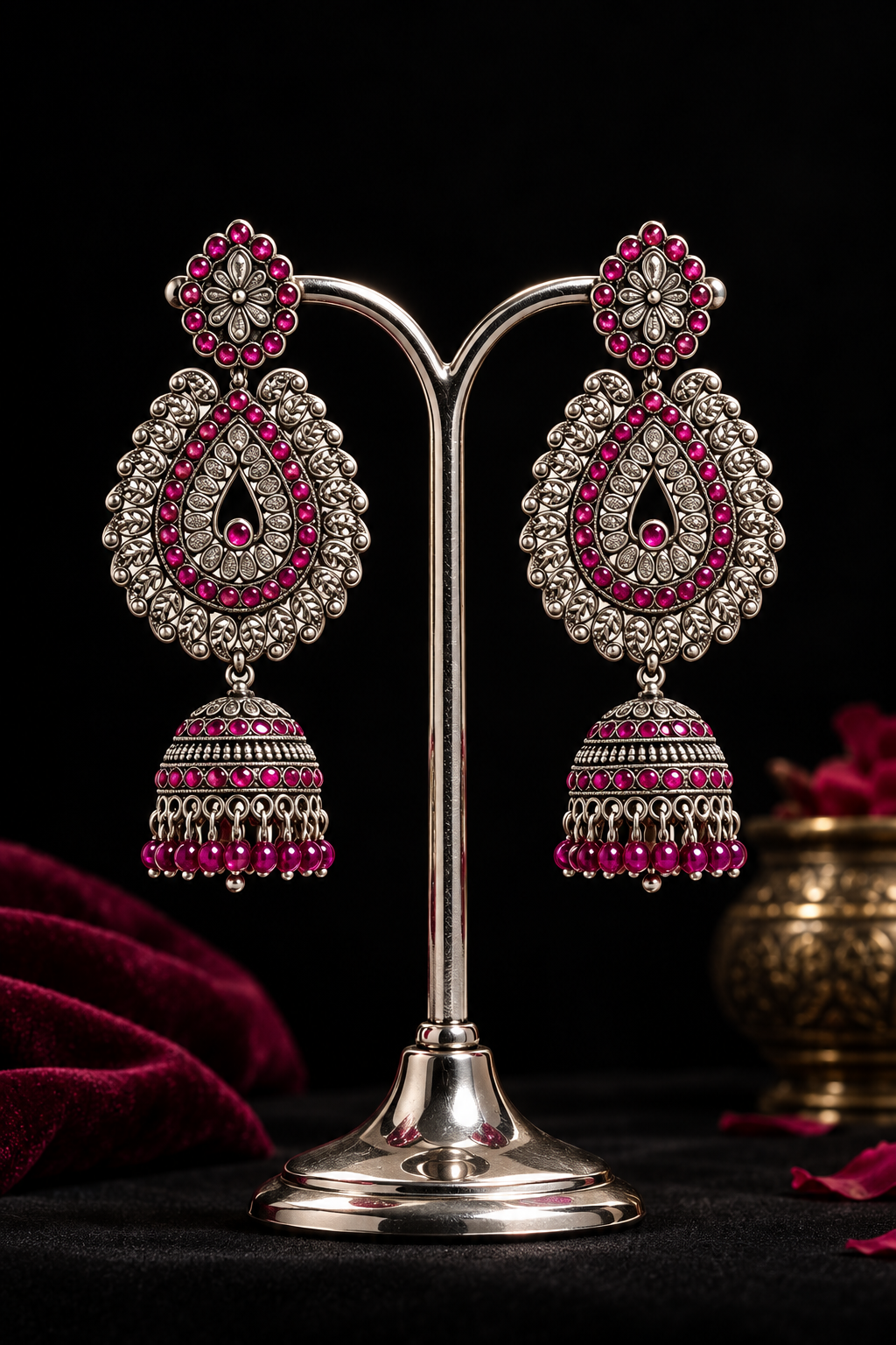 A pair of oxidised tone tear drop earrings with hot pink nano stones and hangings are displayed on a silver stand. 
