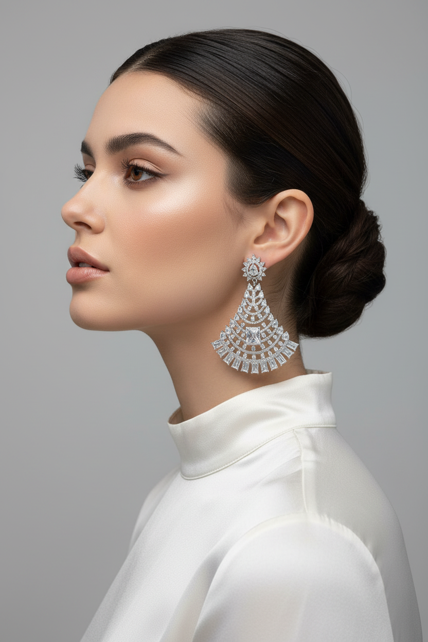 A woman in profile wearing a large, intricate silver-toned teardrop chandelier earring with clear gemstones, paired with a white high-neck top against a neutral gray background.