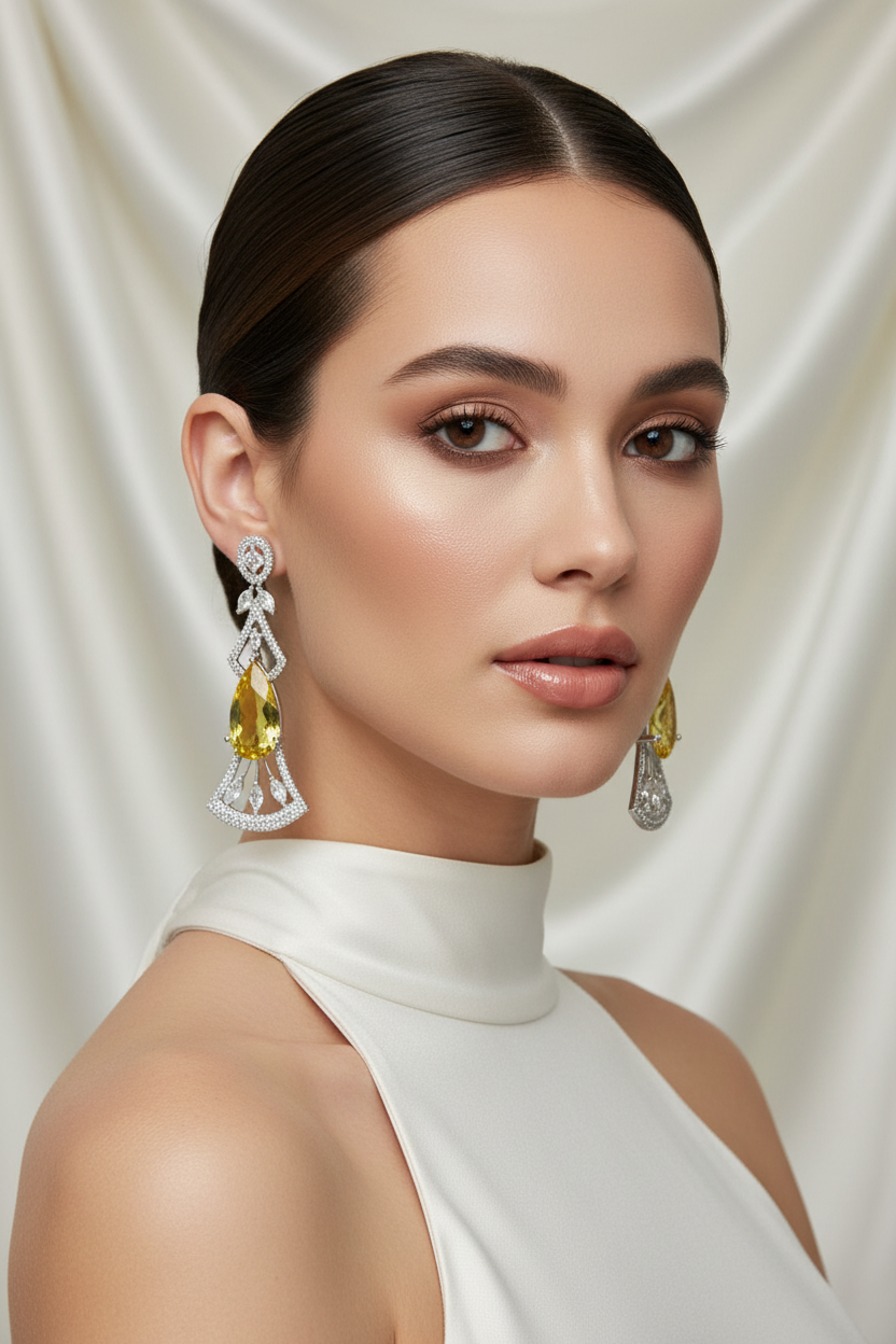 Model wearing the 6cm long drop Aurora American Diamond chandelier earrings to showcase scale and evening party wear styling