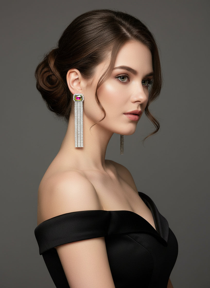 A pair of silver finish cubic zirconia drop earrings with multi shade doublet semi precious stones. Party wear earrings. 