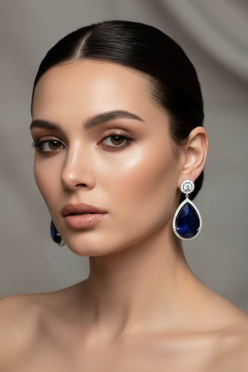 A close-up portrait of a woman wearing a pair of dramatic teardrop dangle earrings with deep blue stones and silver settings, against a soft grey studio background.