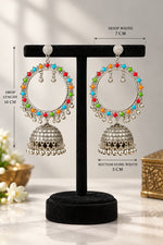 Multicolour silver-tone hoop jhumka earrings showing a 14 cm drop, 7 cm hoop width and 5 cm dome width.