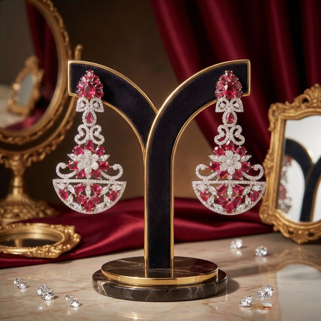 A pair of vibrant fuchsia chandelier earrings displayed on a black velvet stand, as shown in the product image.