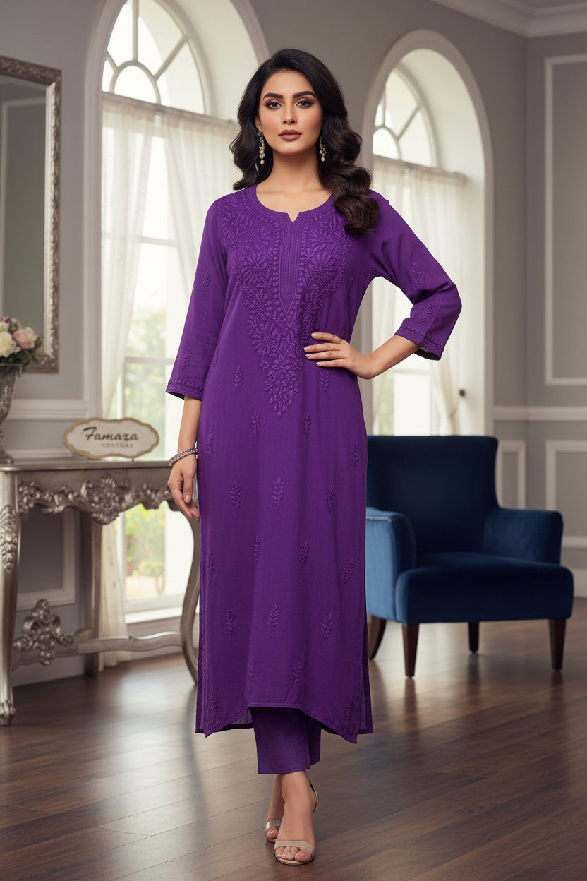 A purple colour viscose fabric tone to tone silk thread hand embroidered long kurti.