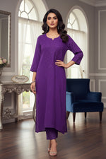 A purple colour viscose fabric tone to tone silk thread hand embroidered long kurti.