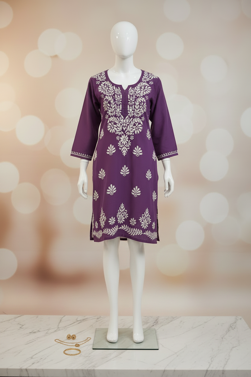 A purple long-sleeve tunic top with white floral block prints, hanging on a wooden hanger against a plain white background.