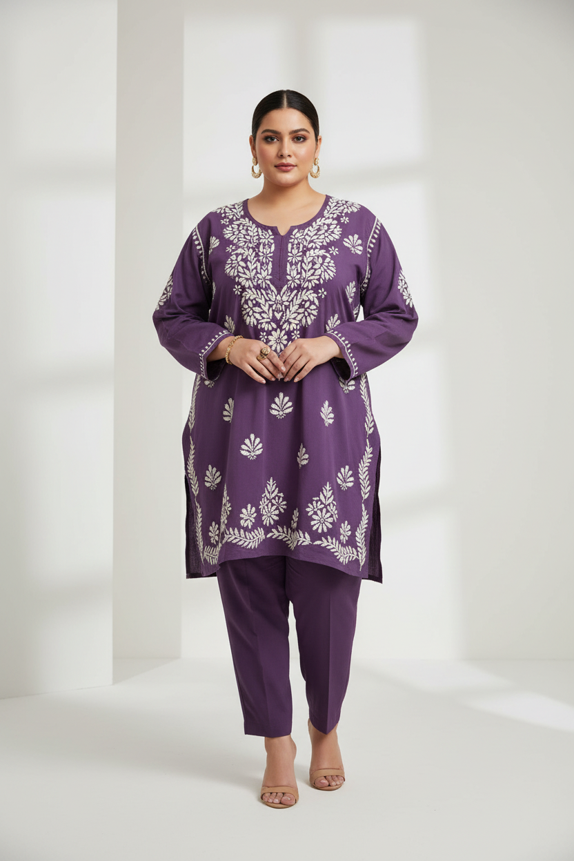 A woman modeling a purple kurta set with white floral embroidery, paired with matching purple pants, in a bright, minimalist white studio setting.