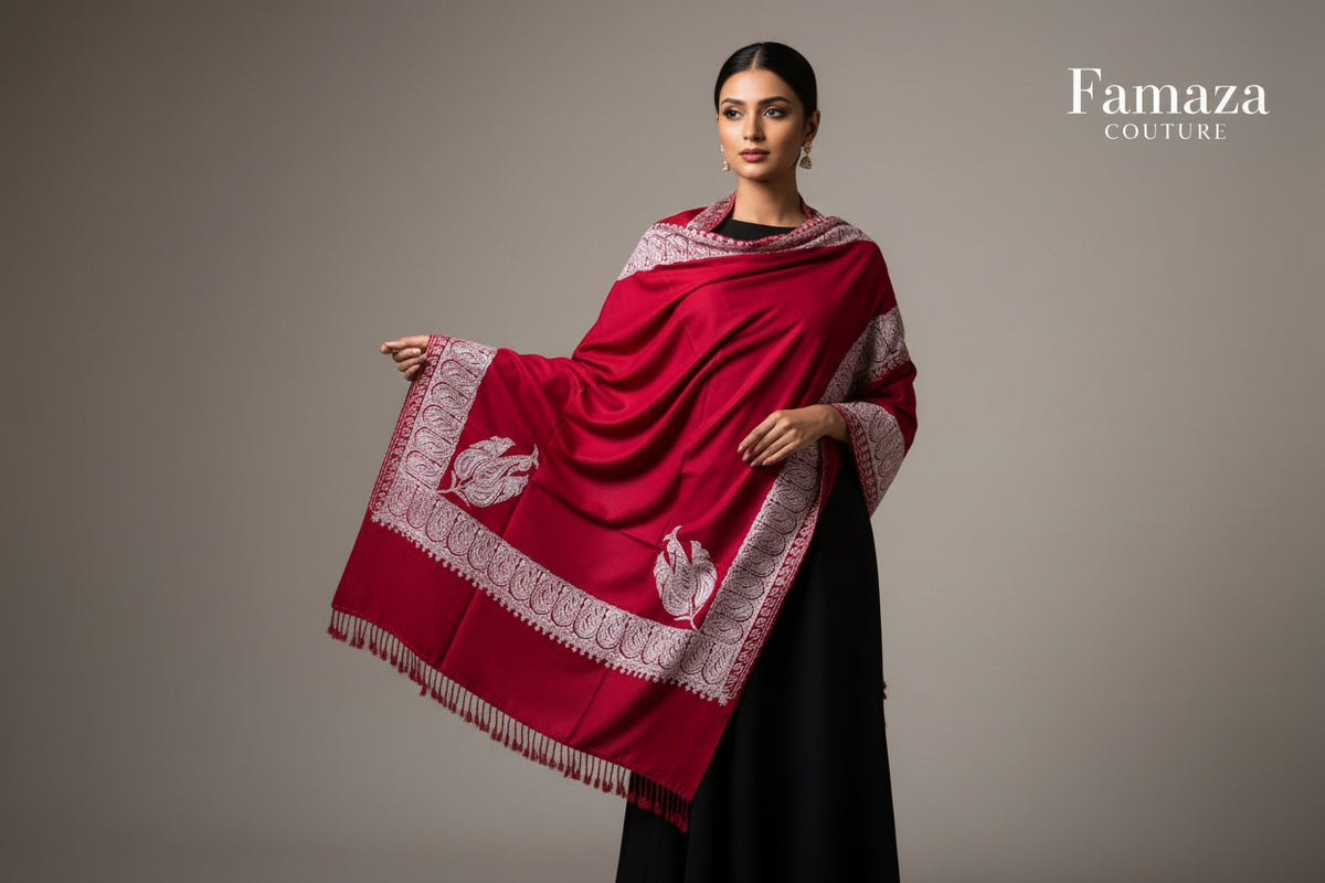 A red colour Kashmiri embroidered pashmina shawl with tassels on the ends, displayed on a wooden surface.